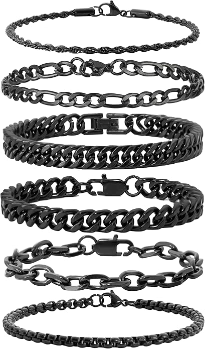 XIANNVXI 6pcs Stainless Steel Bracelets for Men Women Silver/Gold/Black Cuban Link Rope Paperclip Chain Bracelets Set 6.5/7/7.5/8.3/9 Inches Metal Bracelet Mens Fashion Accessories Jewelry Set