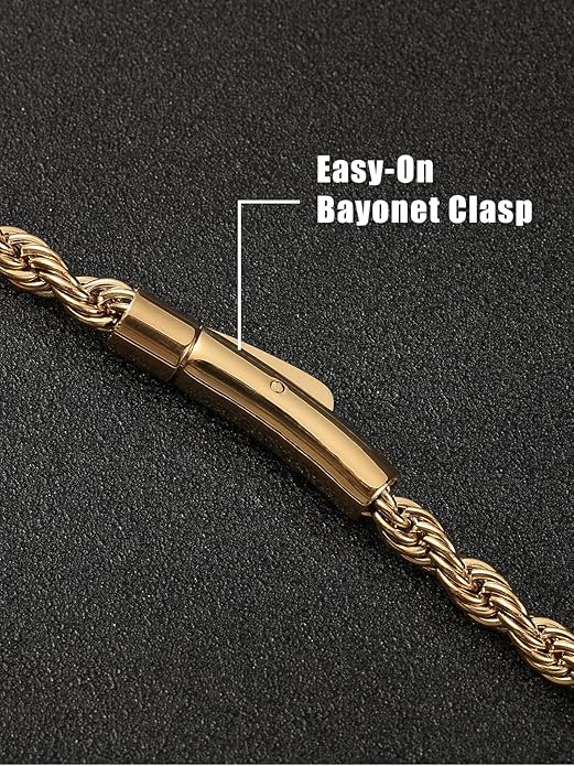 Men's 18K Gold Filled Bracelet - 8 Inch Rope Chain Bracelet with Easy-On Bayonet Clasp, Jewelry Box Included, Anniversary Birthday Gift for Men - Hypoallergenic Non-Tarnish, 4mm, Hip-Hop Accessory