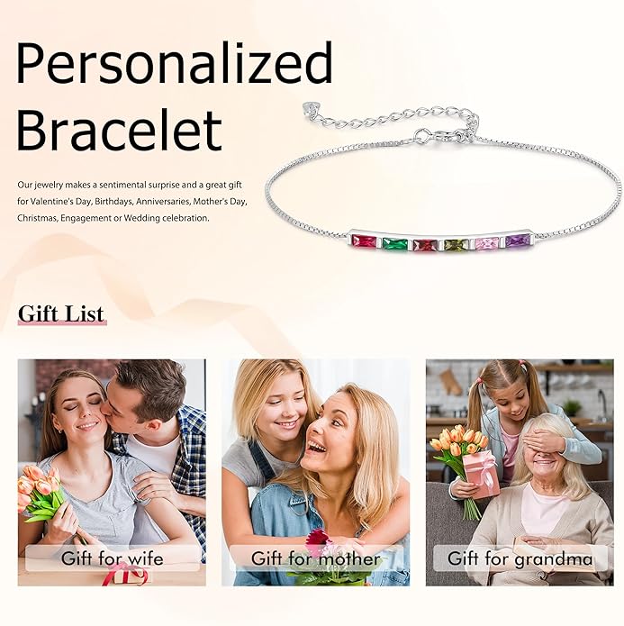 925 Sterling Silver Personalized Mom Birthstone Bracelets for Women — Custom Adjustable Dainty Jewelry for Mother’s Day, Birthday, Christmas Gifts for Mom Grandma Wife