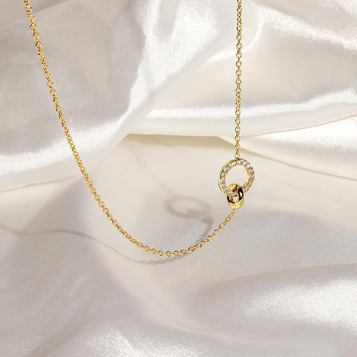 WomenGifts Layered Gold Necklaces for Women, 14K Gold Sterling Silver Plated Dainty Pendant Necklace Set with Cubic Zirconia Circle, Chunky Stackable Cuban Chain Choker, Trendy Personalized Birthstone Jewelry Gift Non Tarnish