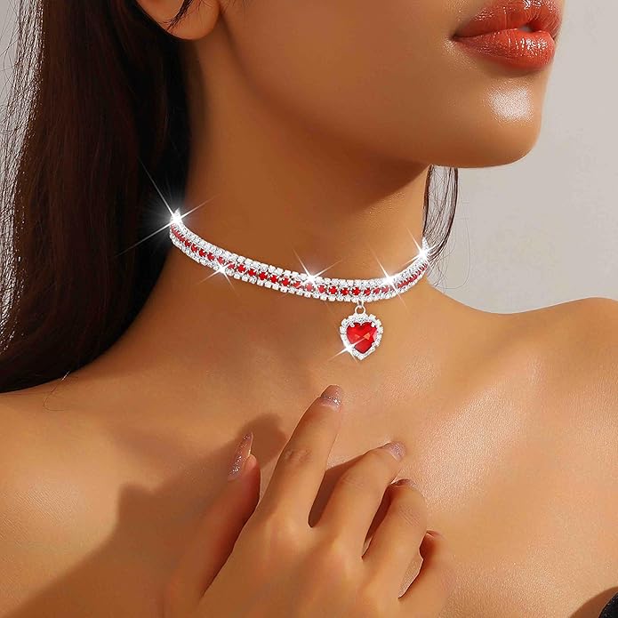 CLOACE Rhinestone Choker Necklace Heart Pendant Diamond Row Necklaces Sparkly Crystal Prom Chain Jewerly Accessories for Women