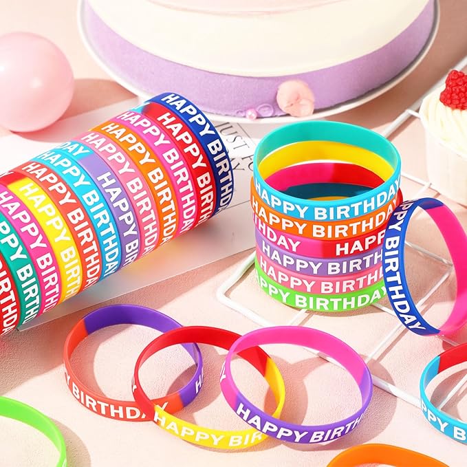 JUNEBRUSHS 64pcs Happy Birthday Rubber Bracelets Bulk Colored Rubber Silicone Wristbands for Students Teachers Classroom Reward Gifts Birthday Decorations Party Favors Supplies(16 Designs)