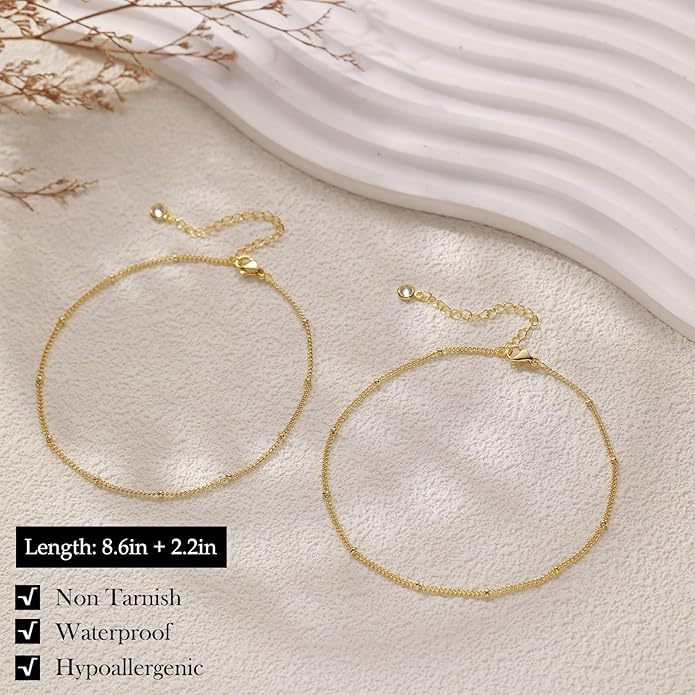 FUNEIA Gold Silver Ankle Bracelets for Women Waterproof 14K Gold Plated Anklets for Women Non Tarnish Dainty Layered Beaded Heart Anklet Set Summer Beach Foot Chain Jewelry Gifts Trendy Stuff
