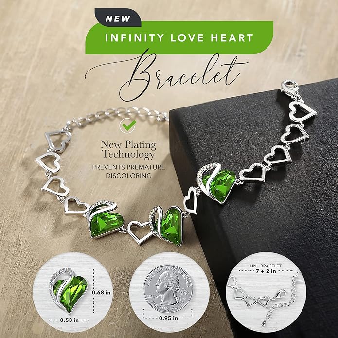 Leafael Infinity Love Heart Link Bracelets, Birthstone or Healing Stone Crystal Bracelet for Women, Silver Tone Jewelry Gifts for Her, 7-inch Chain and 2-inch Extender