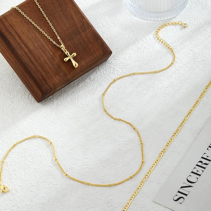 ASCOMY Gold Necklace for Women 14K Gold/Silver Plated Layered Necklaces Stackable Layering Cross Necklace Stacked Coin Pendant Pearl Herringbone Chain Stacking Gold Choker Trendy Jewelry Gift for Her