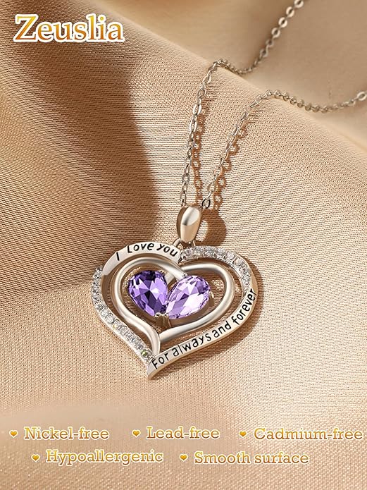 Zeuslia Double Birthstone Necklace Gifts for Wife - 925 Sterling Silver Sunflower/Rose/Crown Cross/Compass/Heart Pendant I Love You Necklace, Anniversary Birthday Gifts for Wife Girlfriend Mom Her