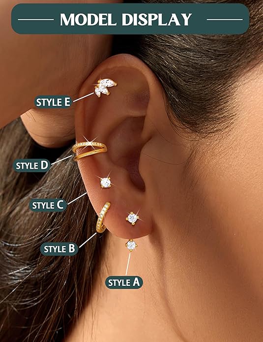 Florideco 925 Sterling Silver Earrings for Women Trendy Hypoallergenic Small Gold Hoop Earrings 14K Gold Plated Stud Earring Sets for Multiple Piercing CZ Ear Cuff Cartilage Earring Stacks