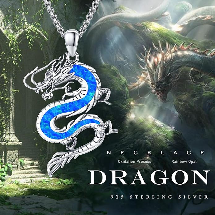 REDSUN 925 Sterling Silver Dragon Pendant Necklace Viking Dragon with Obsidian/Opal Protection Jewelry Gifts for Men Women Her Him Birthday Valentines Day Gifts