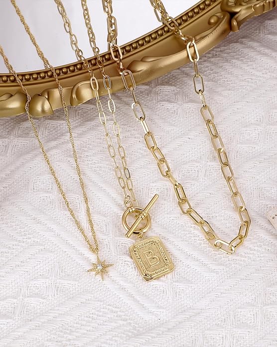 MJartoria Layered Initial Necklaces for Women Trendy, 14K Gold Plated Brass Simple Star Choker Square Letter Pendant Necklace, Paperclip Chain Necklaces Jewelry Gifts