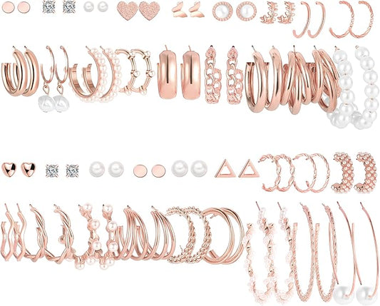 FAXHION 36 Pairs Gold Earrings Set for Women, Fashion Pearl Chain Link Stud Drop Dangle Earrings Multipack Hoop Earring Packs, Hypoallergenic Earrings for Birthday Party Jewelry