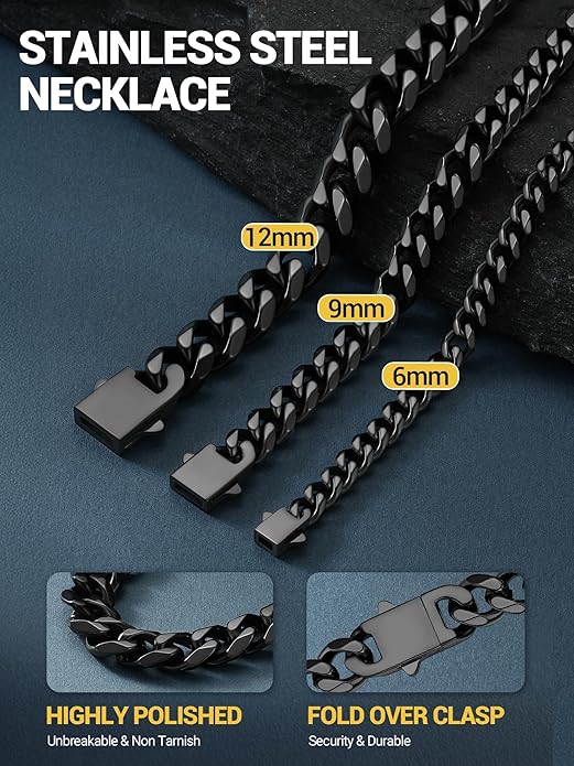 PROSTEEL Miami Cuban Link Chain for Men, 18K Gold/Black/Stainless Steel Necklace,6mm/9mm/12mm Width, Upgrade Clasp & Durable Chain for Mens Womens Jewelry,18"-30",with Gift Box