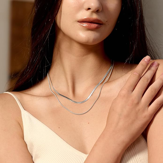 CHESKY 14K Gold/Silver Plated Snake Chain Necklace Herringbone Necklace Gold Choker Necklaces for Women Gifts Jewelry 1.5/3/5MM(W) 14"/16"(L)