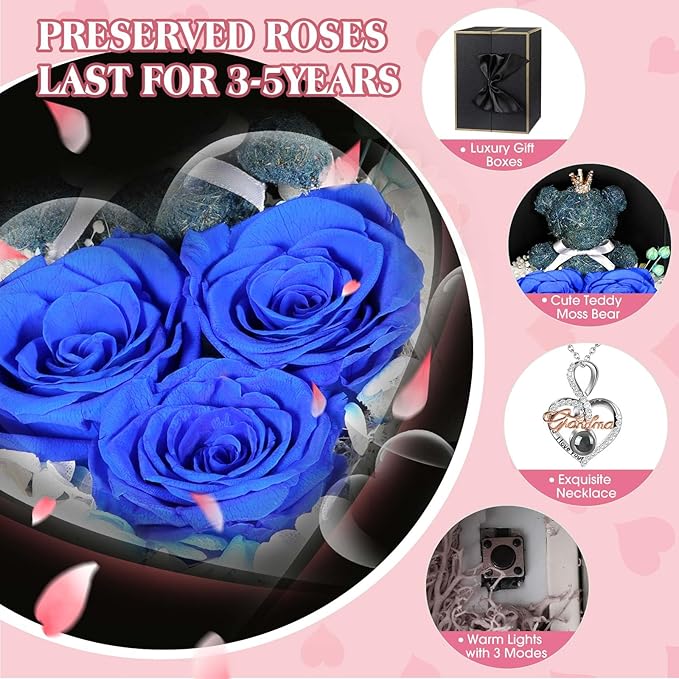ADDWel Great Gifts for Grandma, Preserved Real Roses with I Love You 100 Languags Grandma Necklace, Cute Bear and Meaningful Eternal Roses for Grandmother Nana Birthday