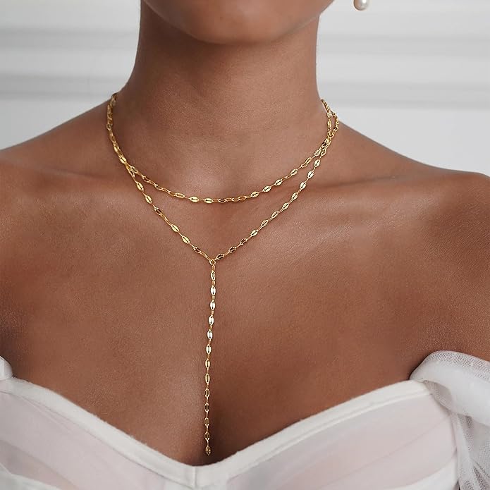 Gold Necklace for Women, Dainty Gold Long Necklaces 14k Gold Plated Prom Bar CZ Lariat Necklace Simple Choker Necklaces for Women Trendy Boho Fashion Costume Jewelry Womens