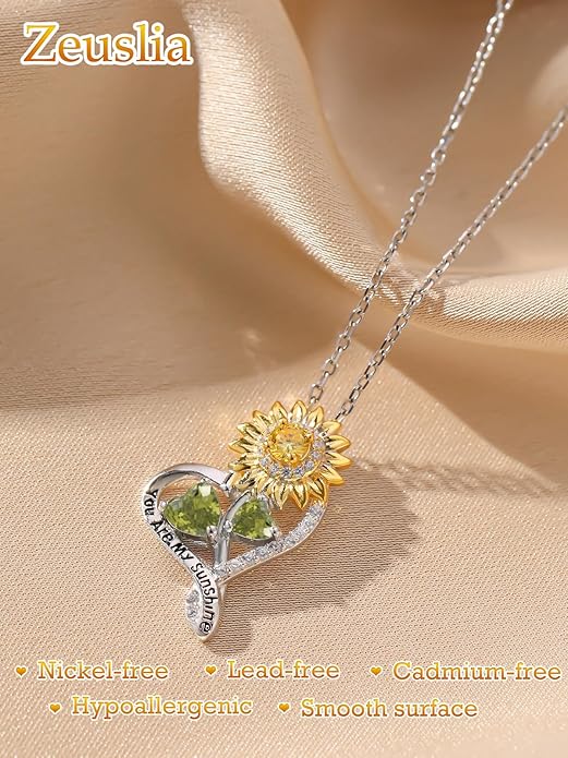 Zeuslia Double Birthstone Necklace Gifts for Wife - 925 Sterling Silver Sunflower/Rose/Crown Cross/Compass/Heart Pendant I Love You Necklace, Anniversary Birthday Gifts for Wife Girlfriend Mom Her