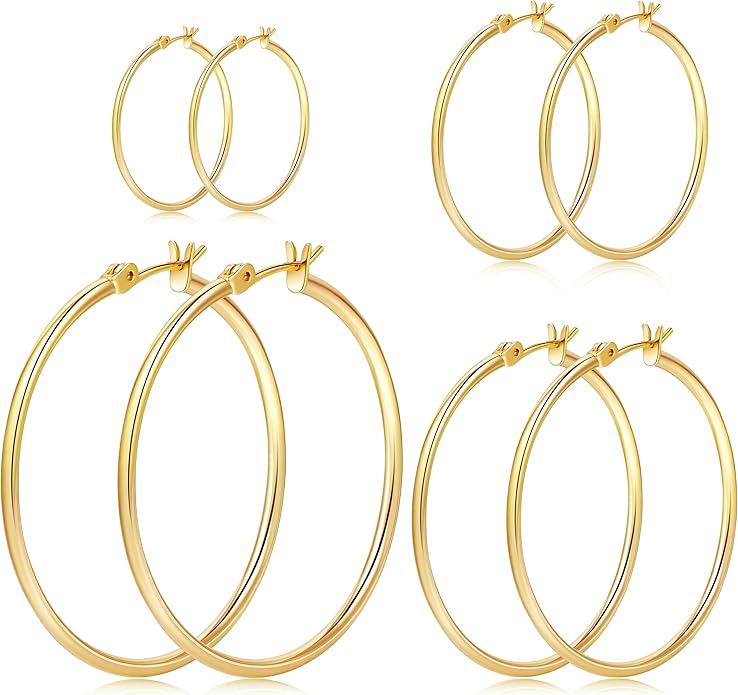 Gold Hoop Earrings Set for Women,14k Gold Plated Gold Hoops with Sterling Silver Post Hypoallergenic Thin Hoop Gold Earrings for Girls Trendy Jewelry Gifts
