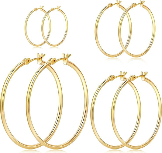 Gold Hoop Earrings Set for Women,14k Gold Plated Gold Hoops with Sterling Silver Post Hypoallergenic Thin Hoop Gold Earrings for Girls Trendy Jewelry Gifts