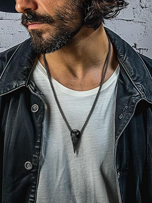 FaithHeart Viking Raven Necklace for Men, Norse Mythology Raven Skull Pendant Sturdy Stainless Steel Amulet Jewelry Gift for Men