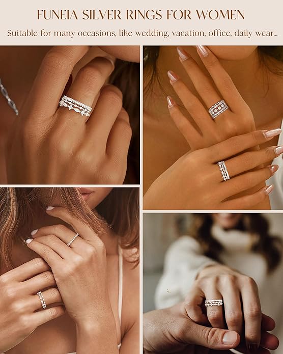 FUNEIA Stackable Silver Gold Rings for Women Non Tarnish 14K Gold Plated Thumb Cubic Zirconia Rings for Women Dainty Pinky Promise Wedding Ring Set Women's Engagement Eternity Band Rings Gold Jewelry