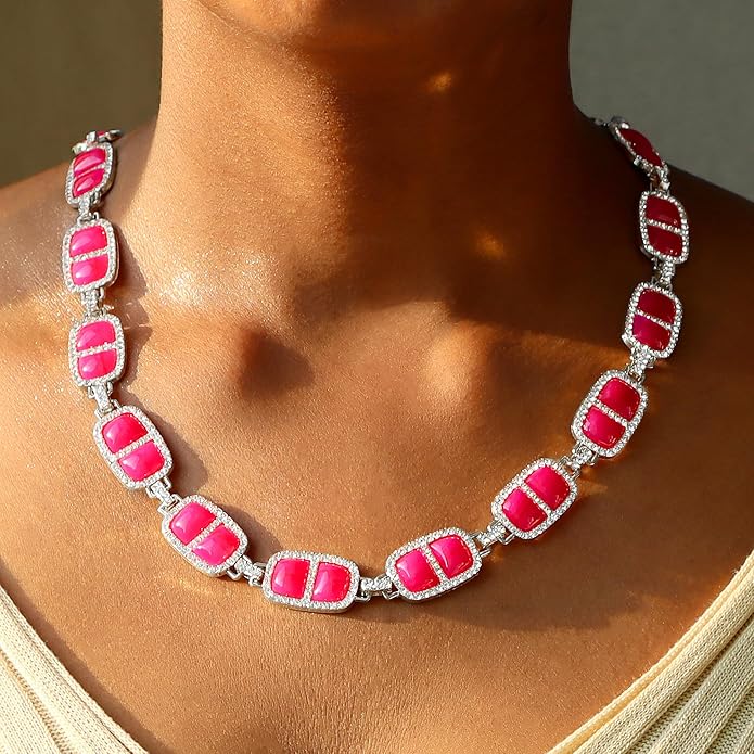 Chunky Necklace for Women 12 Colors Diamond Stone Gold Statement Necklace for Women Full Trendy Blue Birthstone Choker Necklace for Women Square Design Necklace Jewelry