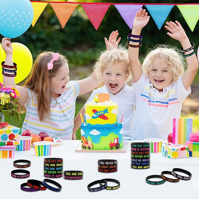 JUNEBRUSHS 64pcs Motivational Silicone Bracelets Bulk Black Colored Inspirational Rubber Wristbands for Student Teacher Back To School Gifts Classroom Reward Birthday Party Favor (16 Designs)