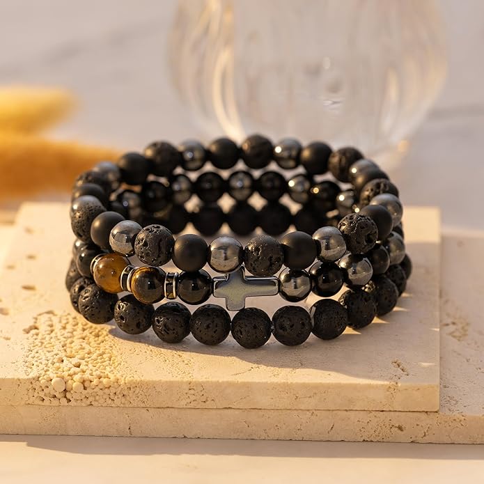 RANKEEF Mens Bead Bracelet Set - Adjustable Elastic Rope With 6&8MM Natural Stone Multi-Colored Beads - Tiger Eye Bracelets for Men - Gift