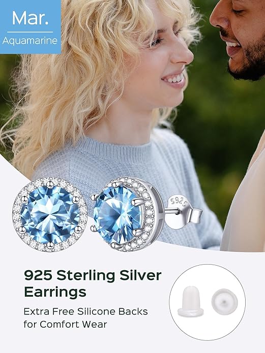 ChicSilver 925 Sterling Silver Birthstone Earrings for Women, 8MM/2 Carat Heart & Round Cubic Zirconia Stud Earrings, Hypoallergenic Jewelry, Ideal Birthday or Christmas Gifts