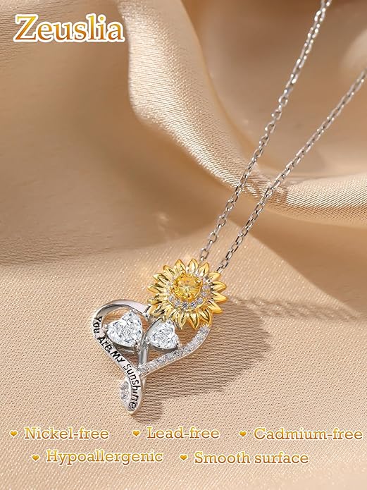 Zeuslia Double Birthstone Necklace Gifts for Wife - 925 Sterling Silver Sunflower/Rose/Crown Cross/Compass/Heart Pendant I Love You Necklace, Anniversary Birthday Gifts for Wife Girlfriend Mom Her