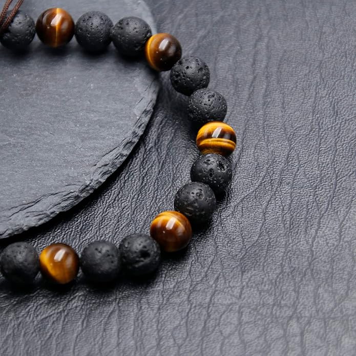 HASKARE Triple Protection Crystal Bracelets for Men, Premium Tiger Eye Bracelet Lava Healing Bracelet Fathers Day Gift, Handmade Cross Stress Relief Beads Bracelets Mens Jewelry Gift for Dad Grandpa