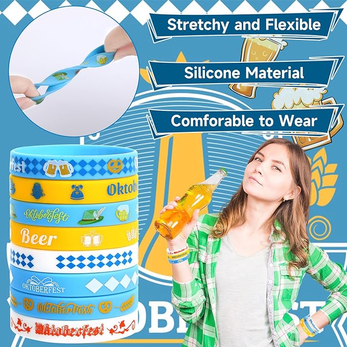JUNEBRUSHS 64pcs Oktoberfest Party Favors Silicone Bracelets Bulk Blue and White Checkered Rubber Bracelet for Oktoberfest Party Bavarian Beer Festival Style Decorations Supplies