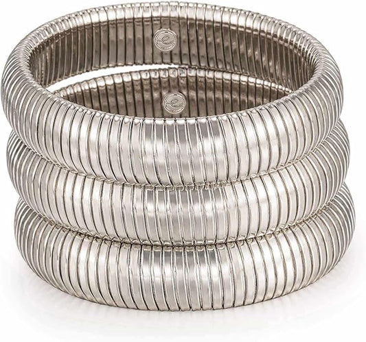 Ettika Gold Bangles For Women. Chunky Gold Bracelets, Set of Womens Bracelets. 3Pcs Flex Snake Chain Stretch Gold Tone Or Rhodium Plated Bangles