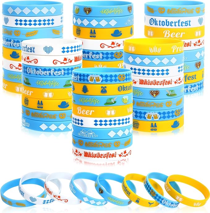 JUNEBRUSHS 64pcs Oktoberfest Party Favors Silicone Bracelets Bulk Blue and White Checkered Rubber Bracelet for Oktoberfest Party Bavarian Beer Festival Style Decorations Supplies