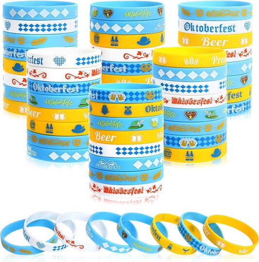 JUNEBRUSHS 64pcs Oktoberfest Party Favors Silicone Bracelets Bulk Blue and White Checkered Rubber Bracelet for Oktoberfest Party Bavarian Beer Festival Style Decorations Supplies
