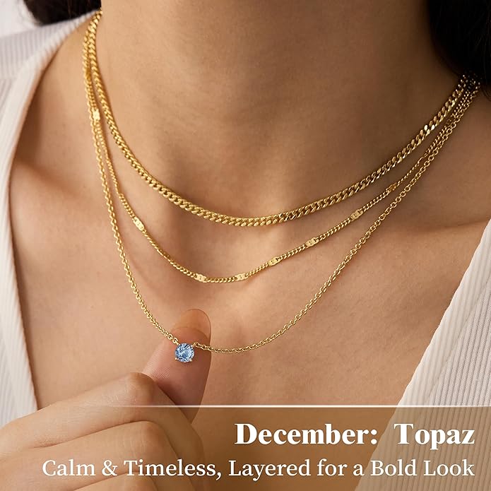 WomenGifts Layered Gold Necklaces for Women, 14K Gold Sterling Silver Plated Dainty Pendant Necklace Set with Cubic Zirconia Circle, Chunky Stackable Cuban Chain Choker, Trendy Personalized Birthstone Jewelry Gift Non Tarnish