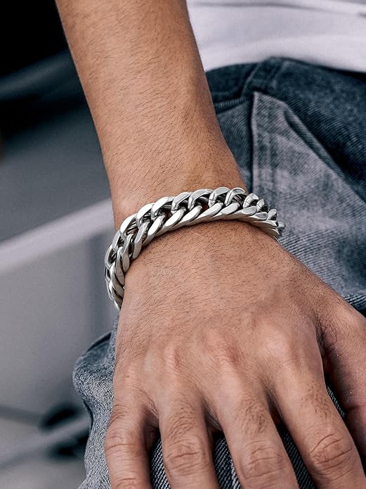Richsteel Cuban Link Chain Bracelets 8/12/17mm Width Stainless Steel Chain Wrist Bracelets for Men, 7.4/8.2/9 Inch Length Classic Jewelry for Christmas/Valentine's Day/Birthday