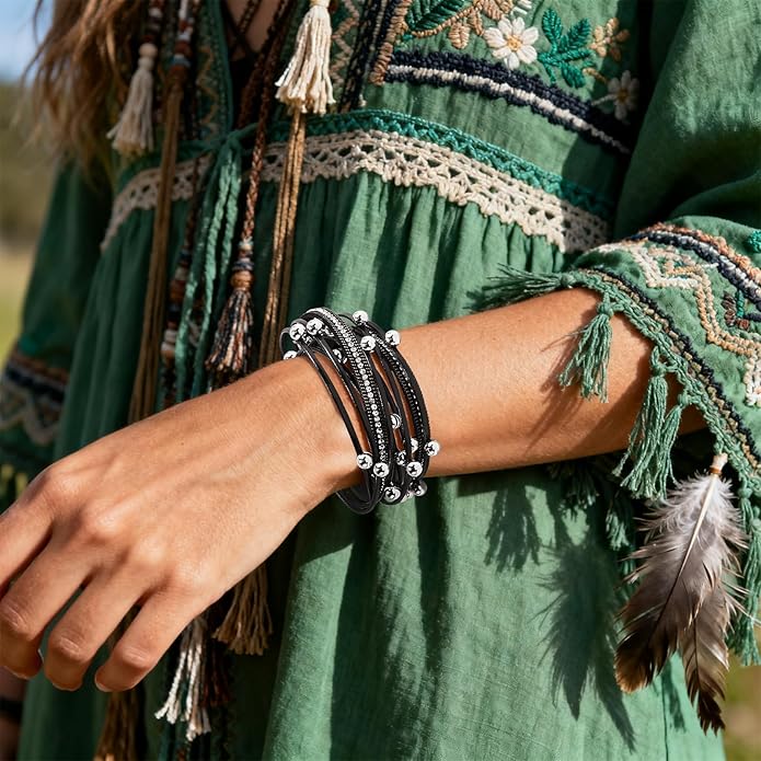 ENGCKSHI Wrapped Bracelets for Women,Leather Bracelet,Boho Bracelets for Women,Multi-Layer Pearl Crystal Bracelet Bangle Jewelry