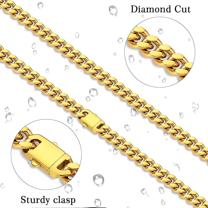 Fiusem Valentines Day Gifts for Him Silver Tone/Black/14K Gold Plated Chain Necklace for Men, 5mm/6mm/7.5mm/8mm/9mm Stainless Steel Cuban Link Chain Necklace, Men's Chains 18-28 Inch Jewelry Gifts