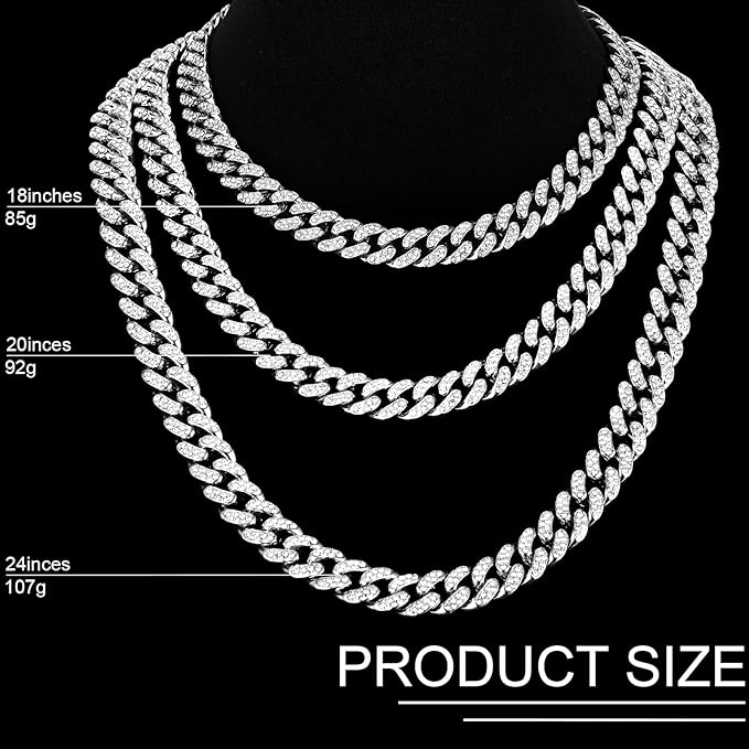 Batiyeer 3 Pcs Cuban Link Chain Necklace Bracelet Rhinestone Hoop Earrings Bling Crystal Hip Hop Jewelry for Women(18 Inch,Silver)
