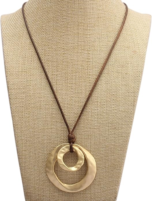 Long Boho Necklaces for Women Vintage Leather Wooden Pendant Y Choker Ethnic Style Gold Circle Hippie Sweater Necklace