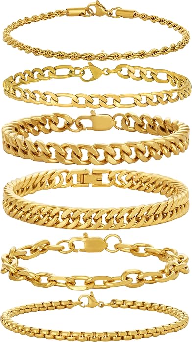 XIANNVXI 6pcs Stainless Steel Bracelets for Men Women Silver/Gold/Black Cuban Link Rope Paperclip Chain Bracelets Set 6.5/7/7.5/8.3/9 Inches Metal Bracelet Mens Fashion Accessories Jewelry Set