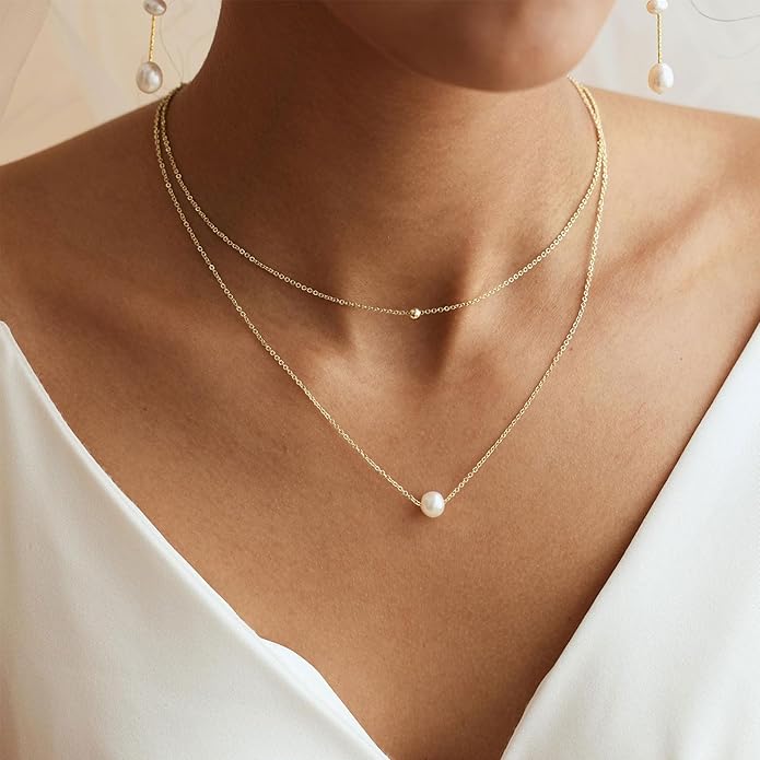 Gold Pearl Necklaces for Women Trendy, 14K Gold Plated Dainty Necklace Simple Layered Pearl Necklaces for Women Trendy Wedding Birthday Jewelry