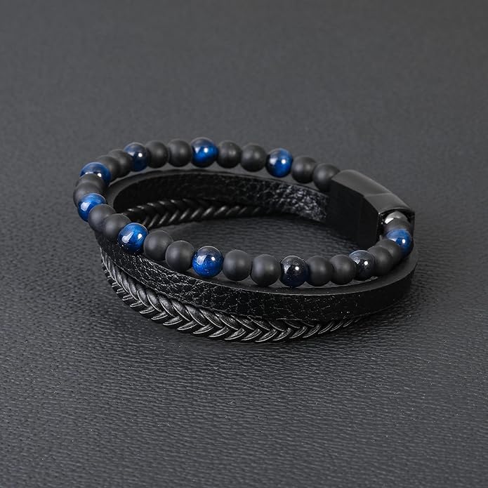 Gifts for Men - Layered Leather Beads Bracelet, Tiger Eye Lava Rock Stone Braided Leather Bracelets for Men Adjustable Magnetic Clasp Birthday Gifts