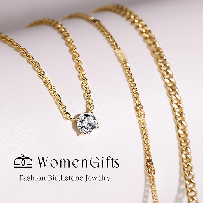 WomenGifts Layered Gold Necklaces for Women, 14K Gold Sterling Silver Plated Dainty Pendant Necklace Set with Cubic Zirconia Circle, Chunky Stackable Cuban Chain Choker, Trendy Personalized Birthstone Jewelry Gift Non Tarnish