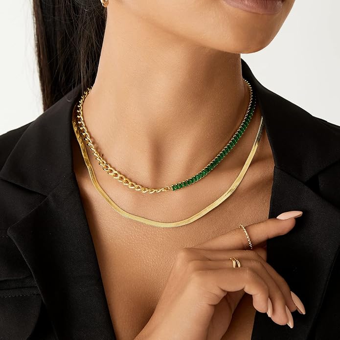 KissYan Diamond Tennis Necklace for Women, 14K/White Gold Plated Cubic Zirconia Baguette Tennis Chain Chunky Paperclip Link Cuban Choker Necklace Dainty Jewelry Gifts