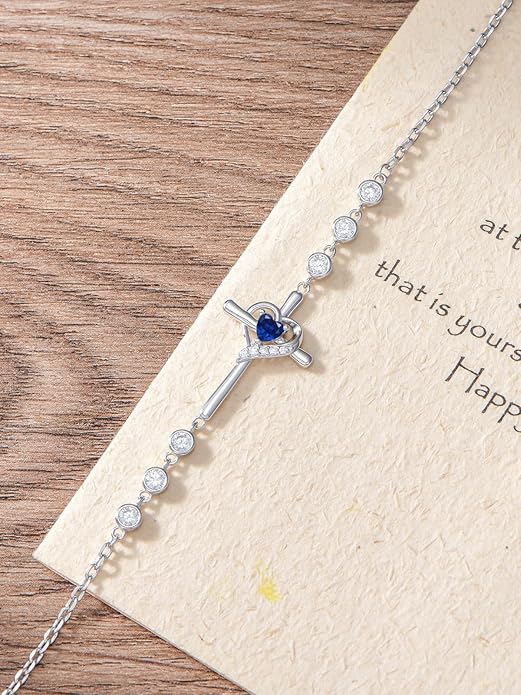 Cross Birthstone Charm Link Bracelet 925 Sterling Silver Cross Bracelet with 12 Months Birthstone Religious Christian Jewelry Gifts for Women Mom Her,Chain Length 7"+2" Extend