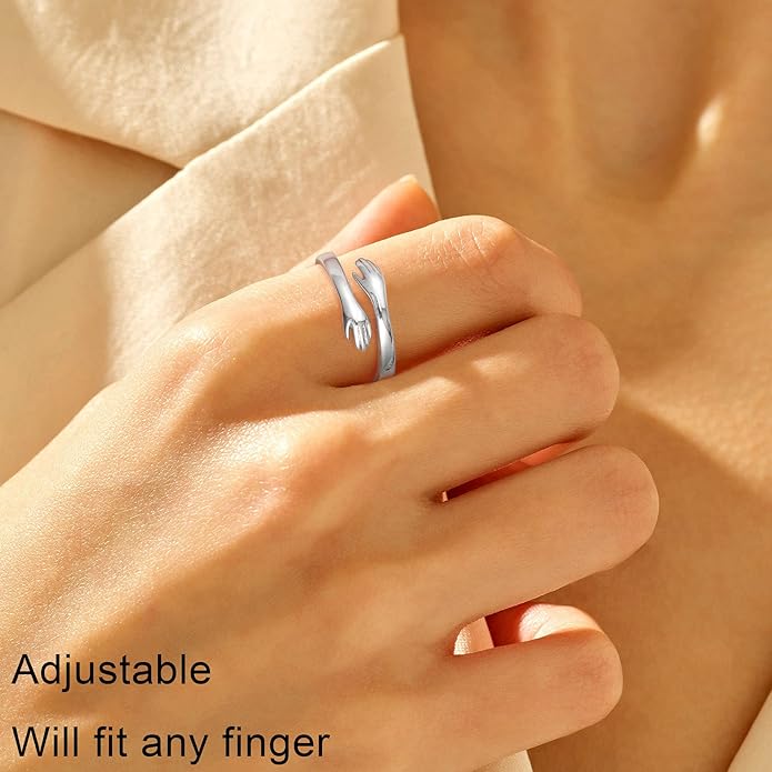 Yesteel S925 Sterling Silver Hug Ring for Women Teen Girls, Adjustable Ring Jewelry Mothers Day Birthday Gifts for Daughters Mom Sister Wife Friends Grandma