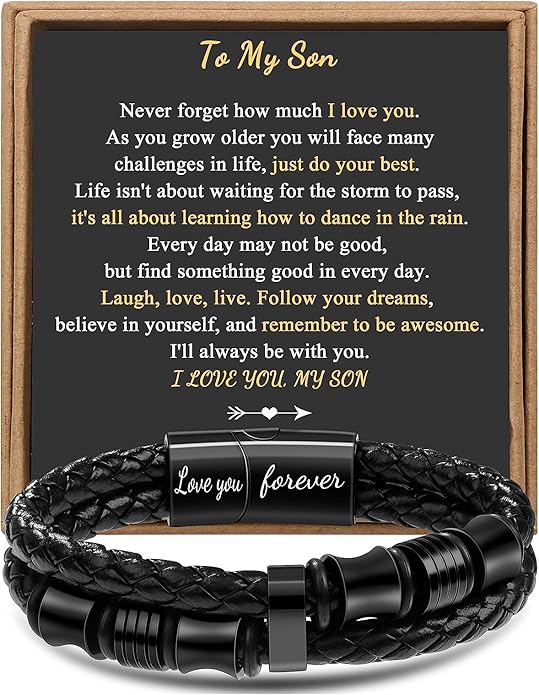 𝐆𝐢𝐟𝐭 𝐟𝐨𝐫 𝐌𝐞𝐧 Braided 𝐋𝐞𝐚𝐭𝐡𝐞𝐫 𝐁𝐫𝐚𝐜𝐞𝐥𝐞𝐭 for Men Dad Husband Boyfriend Son Grandson Brother Stainless Steel Clasp Engraved with Love You Forever Jewelry Birthday Gift 7.5 8.5 9 Inch