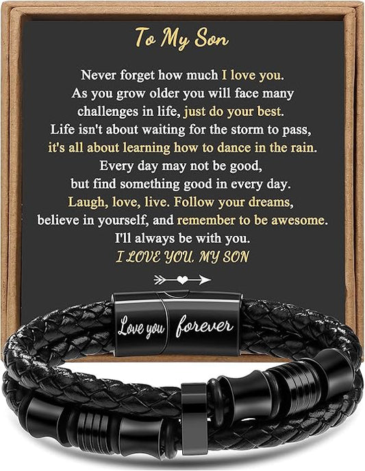 𝐆𝐢𝐟𝐭 𝐟𝐨𝐫 𝐌𝐞𝐧 Braided 𝐋𝐞𝐚𝐭𝐡𝐞𝐫 𝐁𝐫𝐚𝐜𝐞𝐥𝐞𝐭 for Men Dad Husband Boyfriend Son Grandson Brother Stainless Steel Clasp Engraved with Love You Forever Jewelry Birthday Gift 7.5 8.5 9 Inch