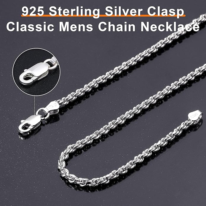 BRIJEWNES 925 Sterling Silver Clasp 2/2.5/3/4/5mm Silver Chain for Men Mens Necklace Rope Chain Necklace Diamond Cut Silver Mens Chain Necklace 16 18 20 22 24 26 28 30 Inches
