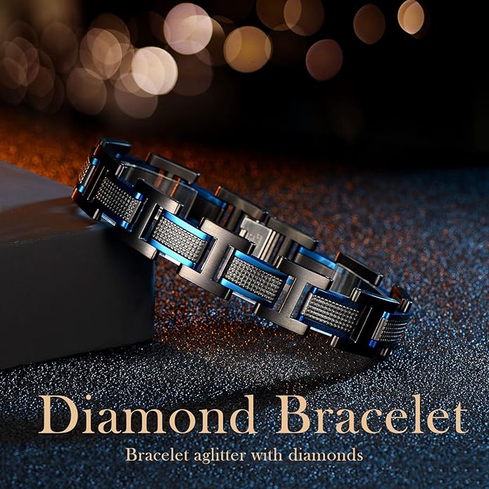 Holizaly Men's Stainless Steel Two Tone Square Link Bracelet, Black and Blue Ion Plated Black